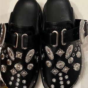 Black Embellished Leather Clogs with Silver Studs